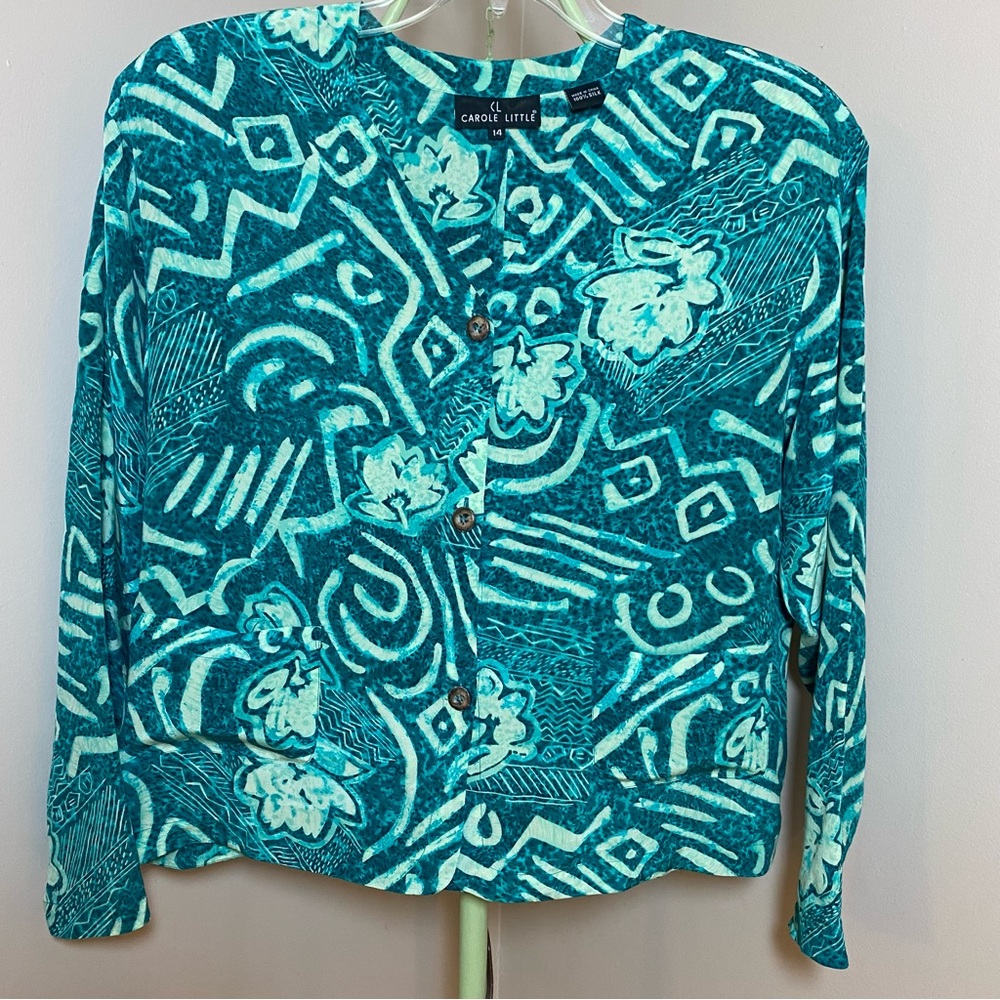 Carole Little Vintage Silk Jacket Size 14 Teal Blue Abstract Floral Print Blazer